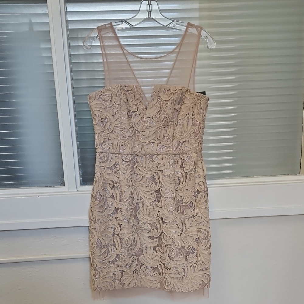 Size 8/10 carmel colored soutache lace sheath mini dress by BCBG Maxazria NWT